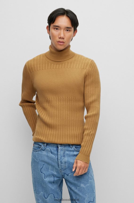 4TFNJN2711 البني الفاتح Hugo Boss سترة هوغو ذات رقبة دائرية ضيقة للغاية مع هياكل مختلطة، بني فاتح