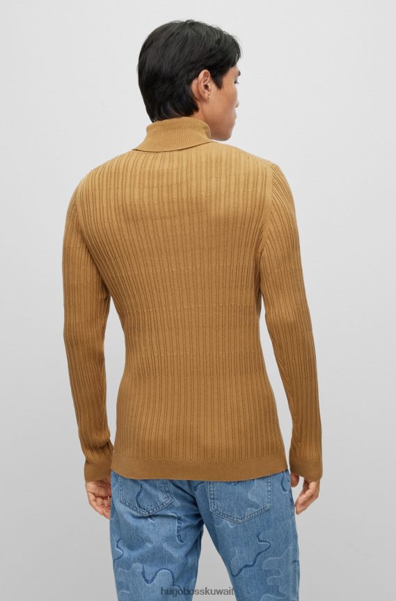 4TFNJN2711 البني الفاتح Hugo Boss سترة هوغو ذات رقبة دائرية ضيقة للغاية مع هياكل مختلطة، بني فاتح