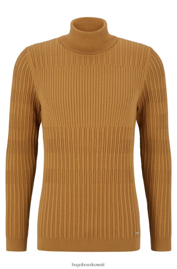 4TFNJN2711 البني الفاتح Hugo Boss سترة هوغو ذات رقبة دائرية ضيقة للغاية مع هياكل مختلطة، بني فاتح