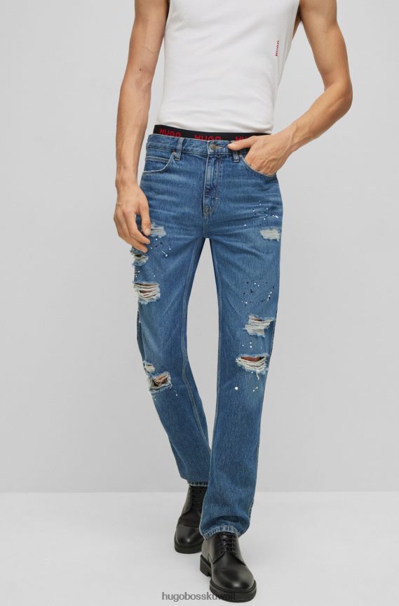 4TFNJN2714 الفيروز Hugo Boss جينز ضيق من الدنيم الصلب مع تأثيرات مستخدمة باللون الفيروزي
