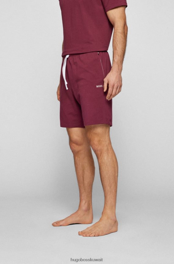 4TFNJN2723 احمر غامق Hugo Boss هوغو شورت من القطن المطاطي مع شعار مطرز باللون الأحمر الداكن