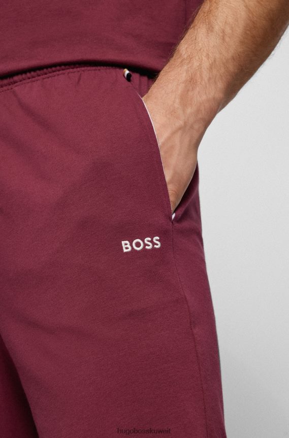 4TFNJN2723 احمر غامق Hugo Boss هوغو شورت من القطن المطاطي مع شعار مطرز باللون الأحمر الداكن