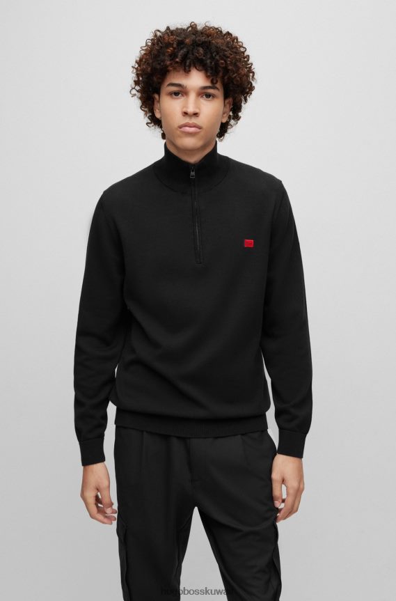 4TFNJN2729 أسود Hugo Boss سترة Hugo سوداء من القطن العضوي برقبة بسحاب مع ملصق شعار أحمر