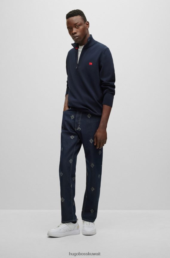 4TFNJN2730 أزرق غامق Hugo Boss سترة هوغو من القطن العضوي برقبة بسحاب مع شعار أحمر وأزرق داكن
