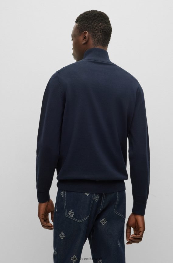 4TFNJN2730 أزرق غامق Hugo Boss سترة هوغو من القطن العضوي برقبة بسحاب مع شعار أحمر وأزرق داكن