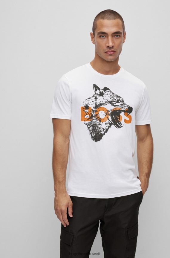 4TFNJN2736 أبيض Hugo Boss تيشيرت هوغو من الجيرسي القطني مع شعار فني باللون الأبيض