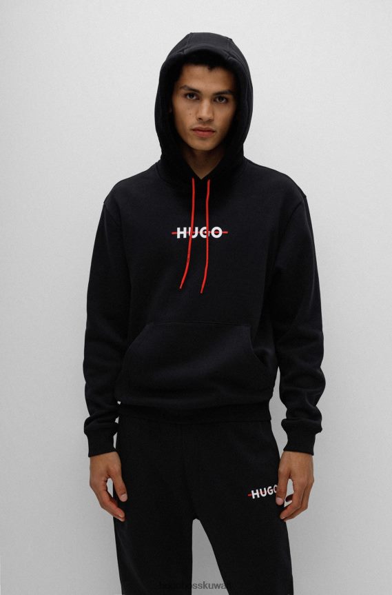 4TFNJN2738 أسود Hugo Boss سويت شيرت بغطاء رأس من مزيج القطن باللون الأسود مع شعار هوغو مخطط