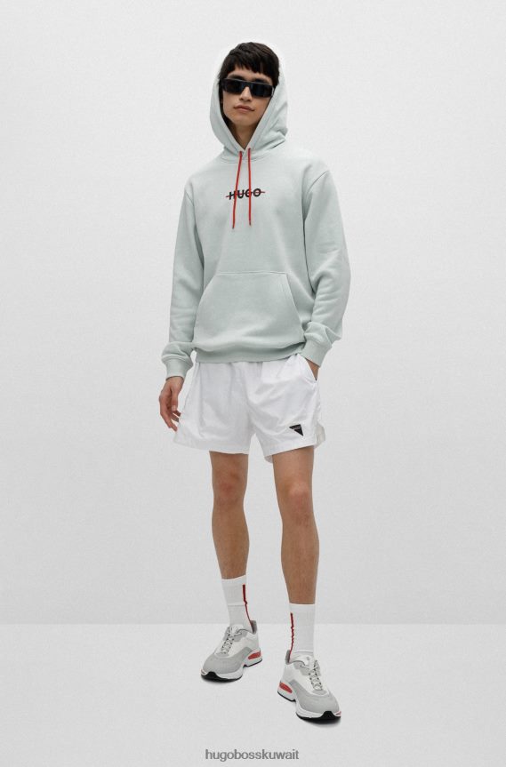 4TFNJN2739 اخضر فاتح Hugo Boss سويت شيرت بغطاء رأس من مزيج القطن مع شعار هوغو مخطط باللون الأخضر الفاتح