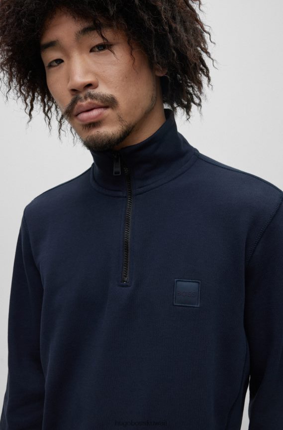 4TFNJN2742 أزرق غامق Hugo Boss سويت شيرت من هوغو قطن تيري برقبة بسحاب مع رقعة شعار باللون الأزرق الداكن