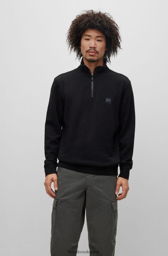 4TFNJN2743 أسود Hugo Boss سويت شيرت من قطن تيري برقبة بسحاب مع رقعة شعار هوغو باللون الأسود