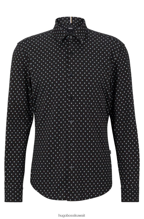 4TFNJN2751 أسود Hugo Boss قميص Hugo أسود بقصة ضيقة مصنوع من مزيج القطن المطبوع