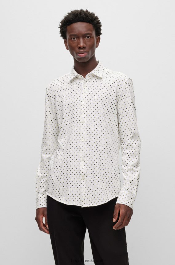 4TFNJN2752 أبيض Hugo Boss قميص Hugo ذو قصة ضيقة مصنوع من مزيج القطن المطبوع باللون الأبيض