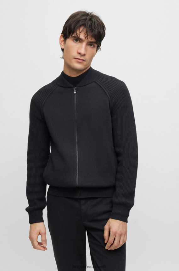 4TFNJN2755 أسود Hugo Boss سترة بيسبول من القطن والصوف البكر باللون الأسود