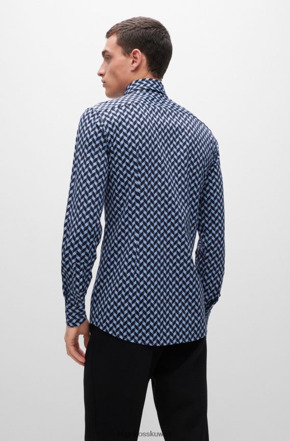 4TFNJN2761 أزرق فاتح Hugo Boss قميص بقصّة ضيّقة مصنوع من جيرسي هوغو المطاطي ذو الأداء الهندسي، باللون الأزرق الفاتح
