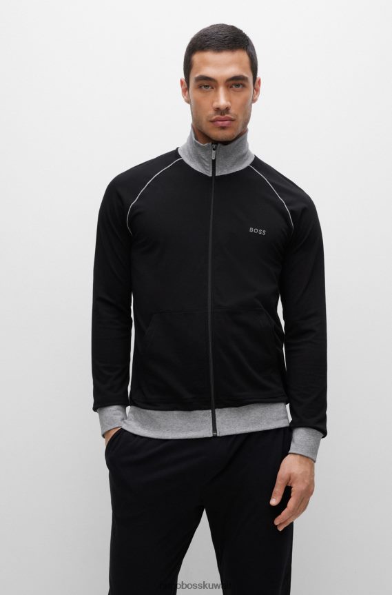 4TFNJN2767 أسود Hugo Boss سترة Hugo من القطن المطاطي مع الأنابيب والشعار باللون الأسود