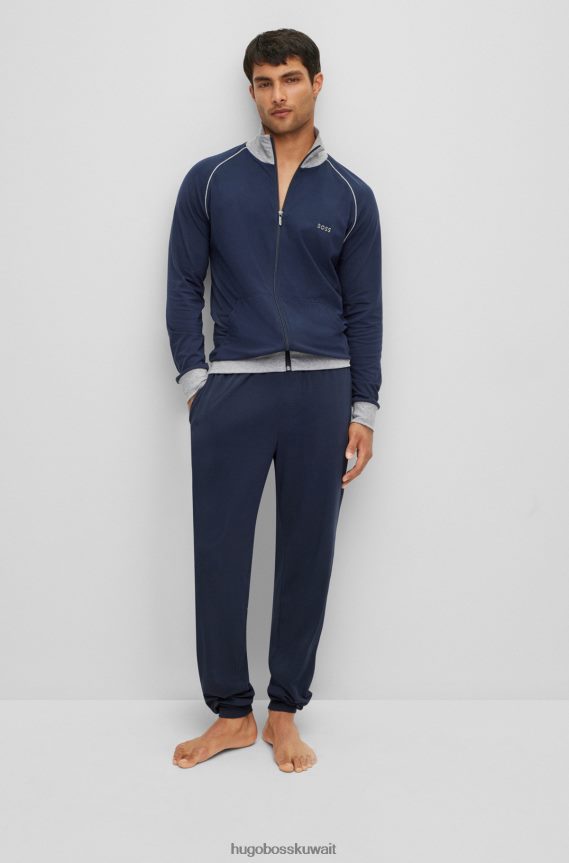 4TFNJN2768 أزرق غامق Hugo Boss سترة من القطن المطاطي مع أشرطة وشعار هوغو باللون الأزرق الداكن