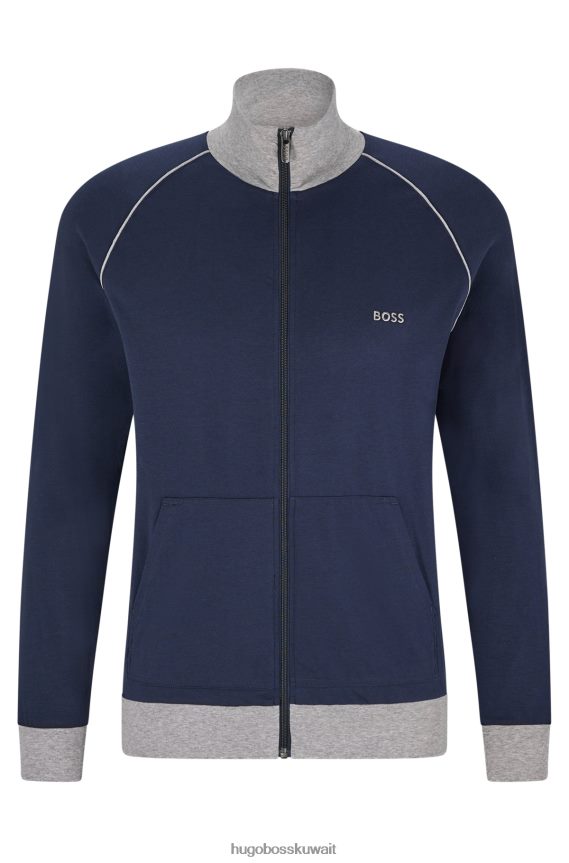 4TFNJN2768 أزرق غامق Hugo Boss سترة من القطن المطاطي مع أشرطة وشعار هوغو باللون الأزرق الداكن