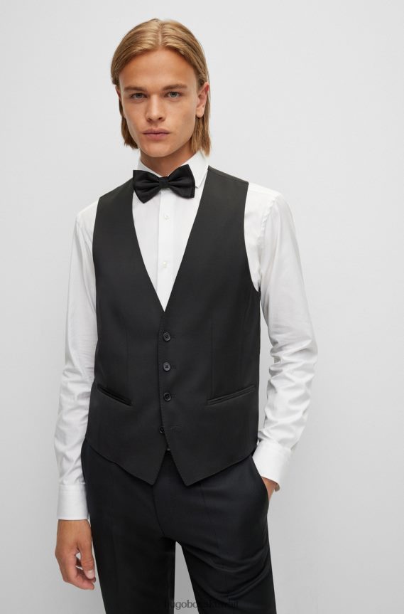 4TFNJN2778 أسود Hugo Boss صدرية Hugo ذات قصة ضيقة باللون الأسود من الصوف البكر