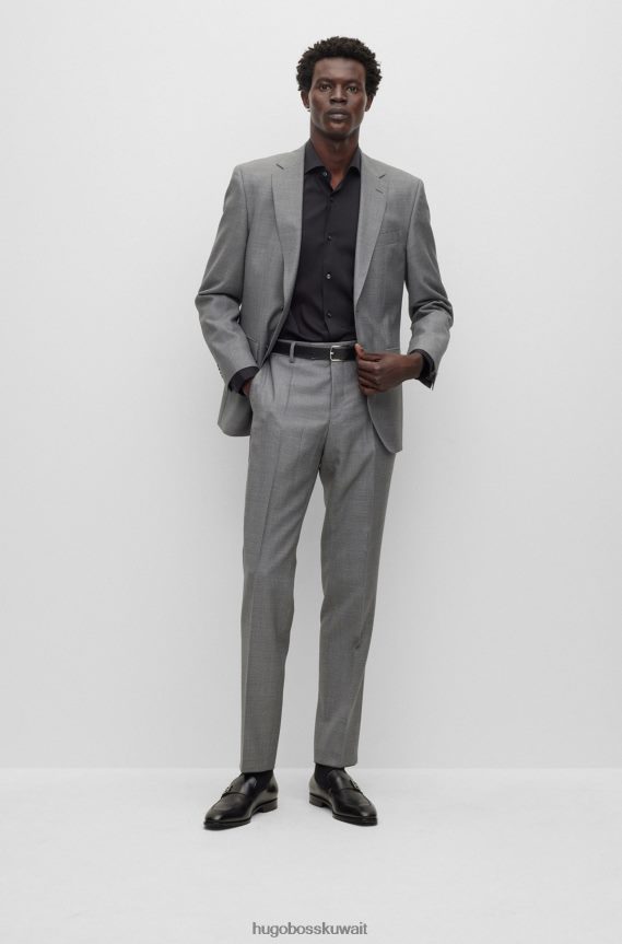 4TFNJN2779 الرمادي الداكن Hugo Boss بدلة بقصة عادية من الصوف البكر ذو الأنماط الدقيقة باللون الرمادي الداكن