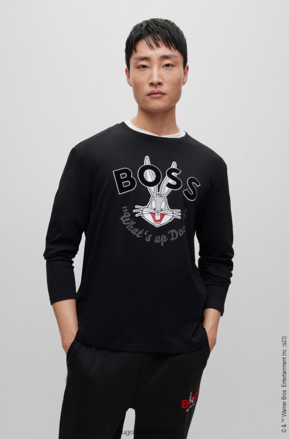 4TFNJN2783 أسود Hugo Boss تيشيرت لوني تونز × من القطن المرسيري بأكمام طويلة