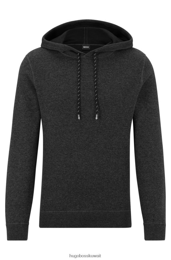 4TFNJN2785 أسود Hugo Boss هودي بغطاء رأس من Hugo مصنوع من القطن والصوف البكر باللون الأسود