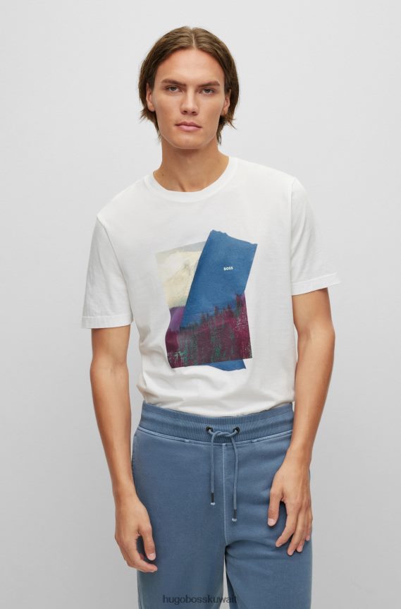 4TFNJN2797 أبيض Hugo Boss تي شيرت Hugo Pima من قطن بيما ذو قصة عادية مع عمل فني مطبوع باللون الأبيض