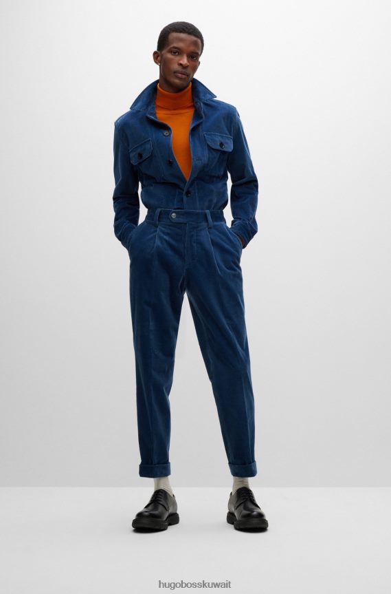 4TFNJN2798 أزرق Hugo Boss بنطال بقصّة مدببة من القطن المضلع باللون الأزرق هوغو