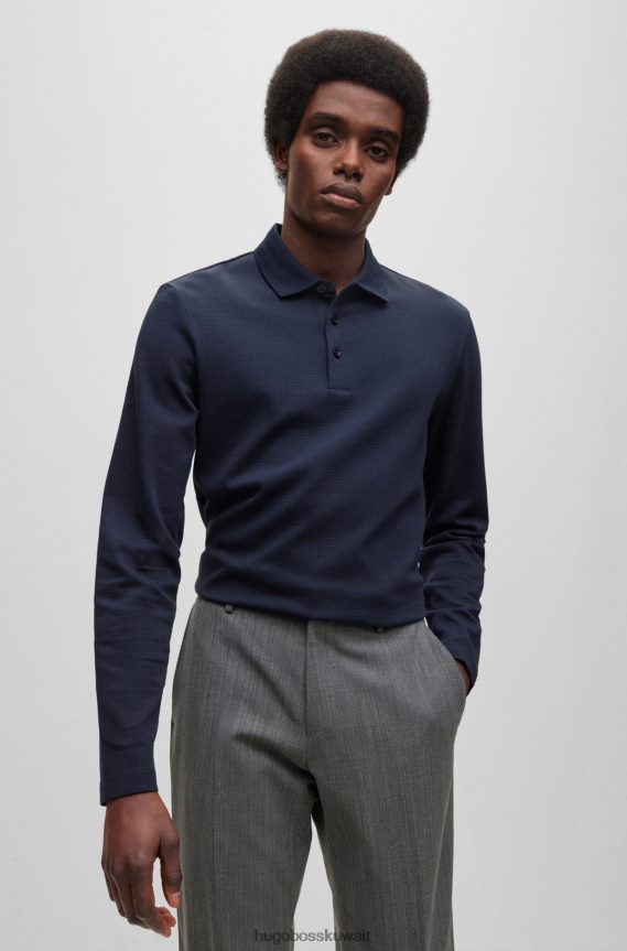 4TFNJN2802 أزرق غامق Hugo Boss قميص بولو من Hugo بقصة ضيقة من القطن المرسيري باللون الأزرق الداكن مع هيكل وافل
