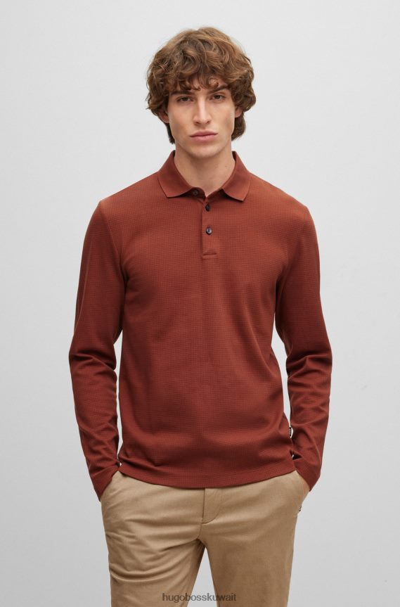 4TFNJN2804 بني Hugo Boss قميص بولو بقصة ضيقة من القطن المرسيري مع هيكل وافل باللون البني