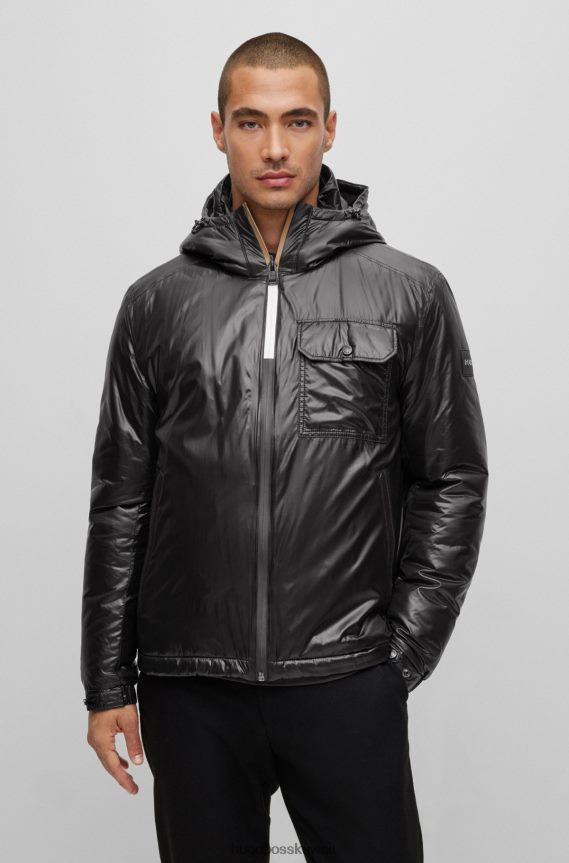 4TFNJN2806 أسود Hugo Boss سترة بغطاء رأس مقاومة للماء مصنوعة من مادة لامعة باللون الأسود Hugo
