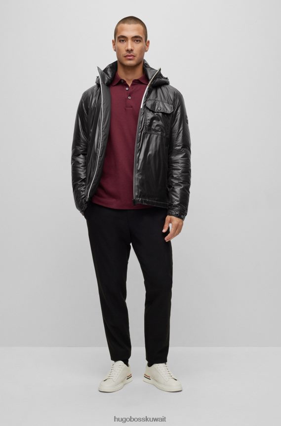 4TFNJN2806 أسود Hugo Boss سترة بغطاء رأس مقاومة للماء مصنوعة من مادة لامعة باللون الأسود Hugo