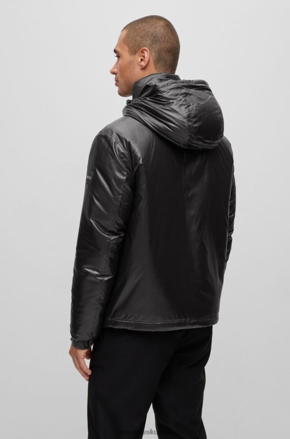4TFNJN2806 أسود Hugo Boss سترة بغطاء رأس مقاومة للماء مصنوعة من مادة لامعة باللون الأسود Hugo