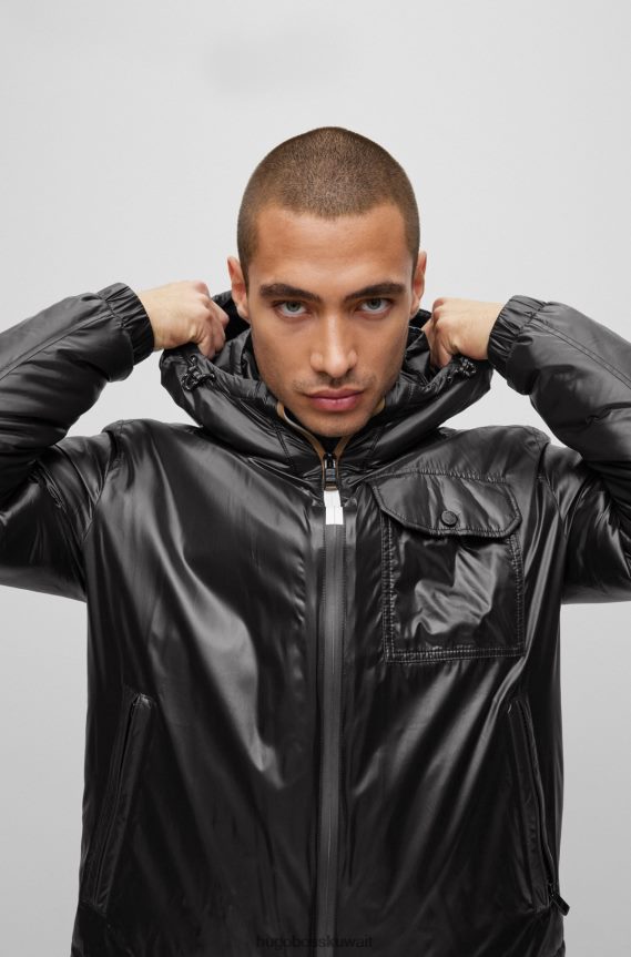 4TFNJN2806 أسود Hugo Boss سترة بغطاء رأس مقاومة للماء مصنوعة من مادة لامعة باللون الأسود Hugo