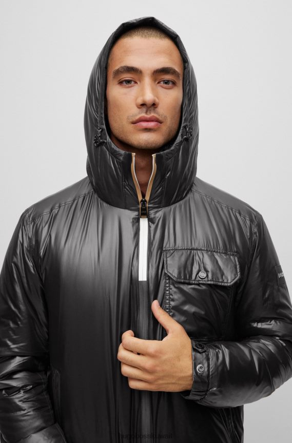 4TFNJN2806 أسود Hugo Boss سترة بغطاء رأس مقاومة للماء مصنوعة من مادة لامعة باللون الأسود Hugo
