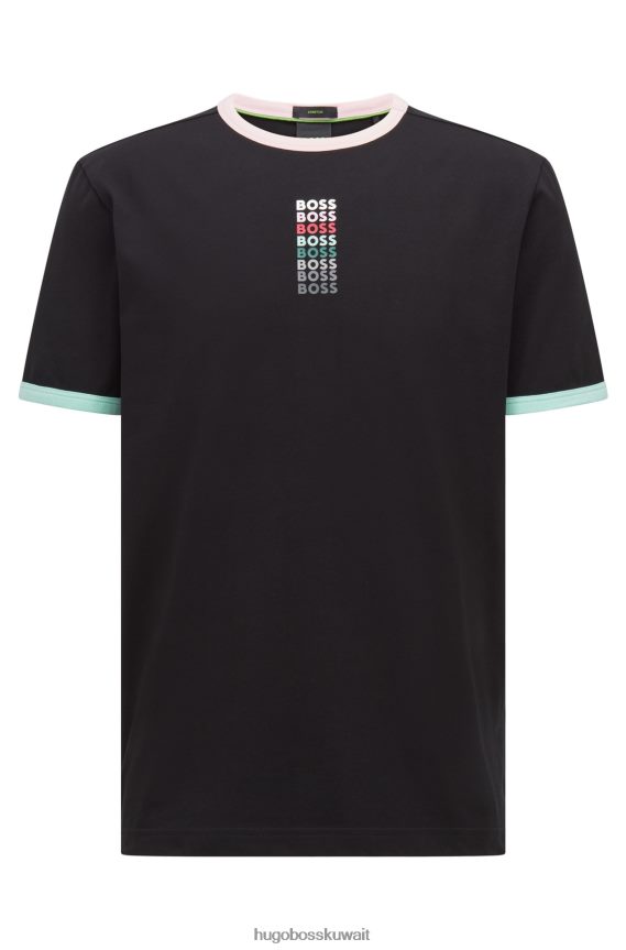4TFNJN2811 أسود Hugo Boss تي شيرت أسود من القطن المطاطي مع شعارات هوغو المتكررة