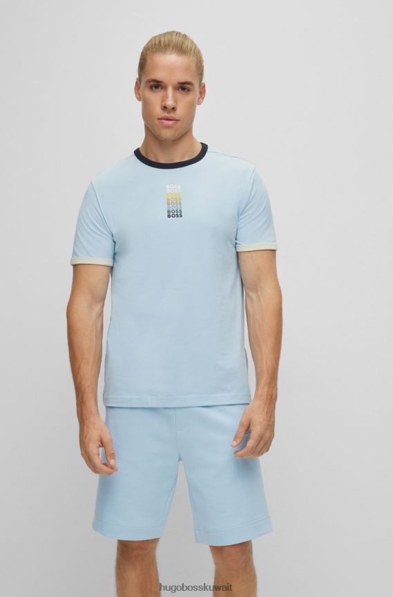 4TFNJN2812 أزرق فاتح Hugo Boss تي شيرت من القطن المطاطي مع شعارات هوغو المتكررة باللون الأزرق الفاتح