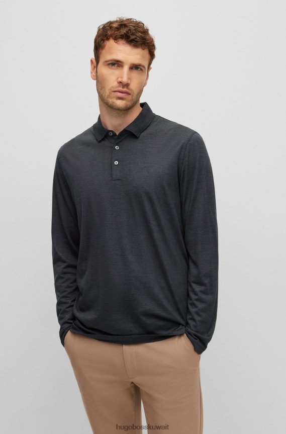 4TFNJN2817 الرمادي الداكن Hugo Boss قميص بولو باللون الرمادي الداكن بأكمام طويلة مصنوع من الصوف الإيطالي المتجدد