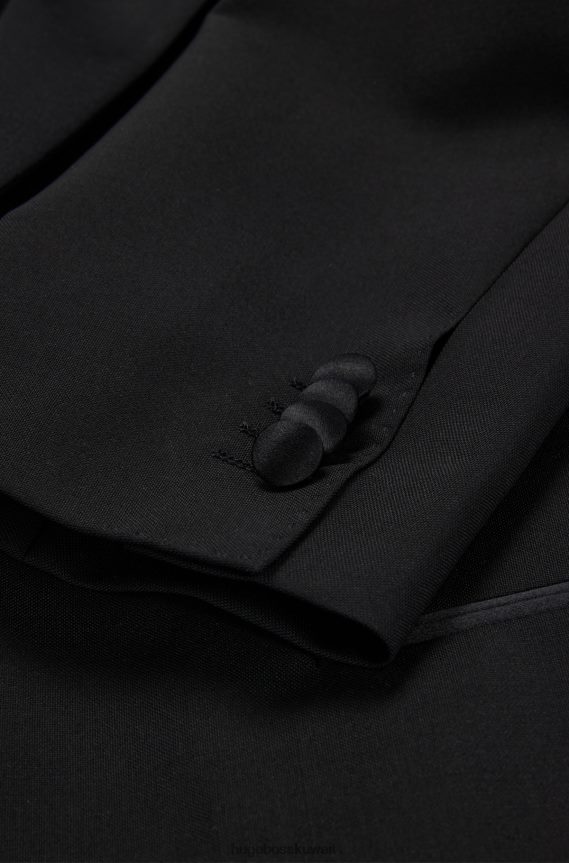 4TFNJN2818 أسود Hugo Boss بدلة رسمية ضيقة من الصوف الإيطالي البكر والموهير هوغو الأسود