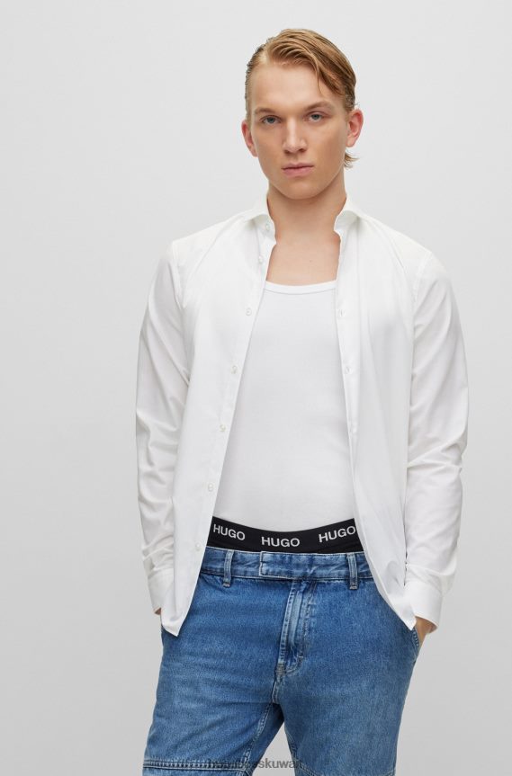 4TFNJN2822 أبيض Hugo Boss قميص بقصّة نحيفة للغاية من قماش البوبلين القطني مع ياقة واسعة باللون الأبيض