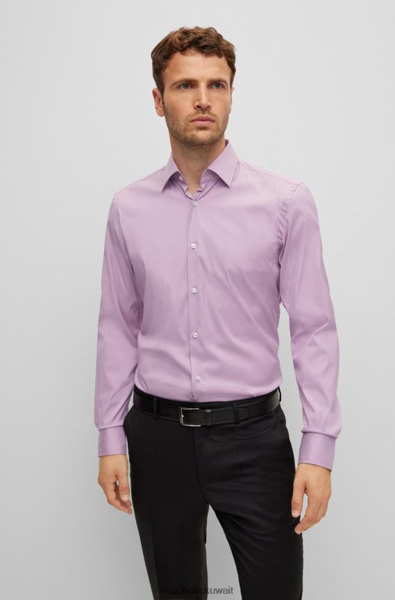 4TFNJN2824 ضوء ارجواني Hugo Boss قميص بقصّة ضيّقة مصنوع من قماش هوغو قابل للتمدد وسهل الكي باللون الأرجواني الفاتح