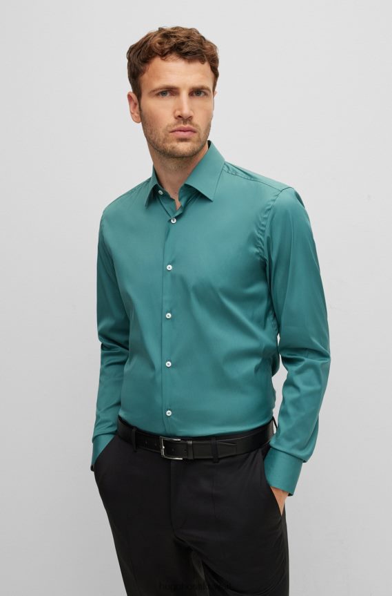 4TFNJN2825 أخضر Hugo Boss قميص Hugo باللون الأخضر بقصة ضيقة مصنوع من قماش مطاطي عالي الأداء وسهل الكي