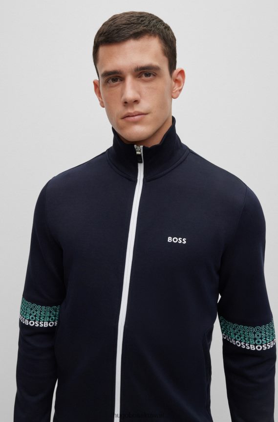 4TFNJN2830 أزرق غامق Hugo Boss سويت شيرت بسحاب بقصة عادية مع شعارات متعددة الألوان باللون الأزرق الداكن