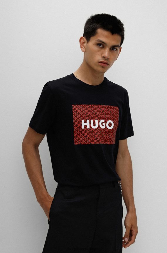 4TFNJN2832 أسود Hugo Boss تيشيرت هوغو من الجيرسي القطني باللون الأسود بقصة عادية وطبعة شعار