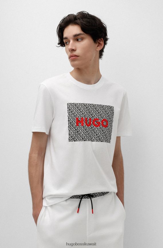4TFNJN2834 أبيض Hugo Boss تي شيرت من الجيرسي القطني بقصة عادية مع طباعة الشعار باللون الأبيض
