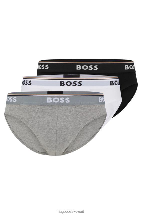4TFNJN2840 أبيض / رمادي / أسود Hugo Boss حزمة من ثلاث سراويل داخلية من القطن المطاطي مع أحزمة خصر تحمل شعار Hugo باللون الأبيض