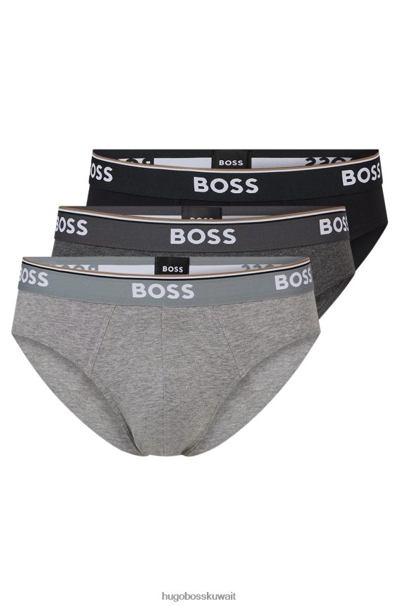 4TFNJN2842 رمادي Hugo Boss حزمة من ثلاث سراويل داخلية من القطن المطاطي مع أحزمة خصر تحمل شعار Hugo باللون الرمادي