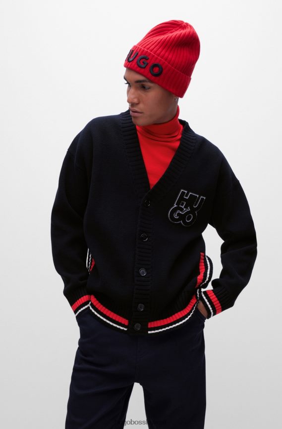 4TFNJN2845 أسود Hugo Boss سترة Hugo كبيرة الحجم من القطن العضوي مع شعار مكدس باللون الأسود