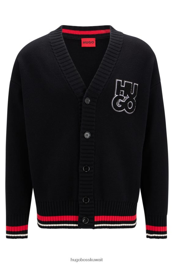 4TFNJN2845 أسود Hugo Boss سترة Hugo كبيرة الحجم من القطن العضوي مع شعار مكدس باللون الأسود