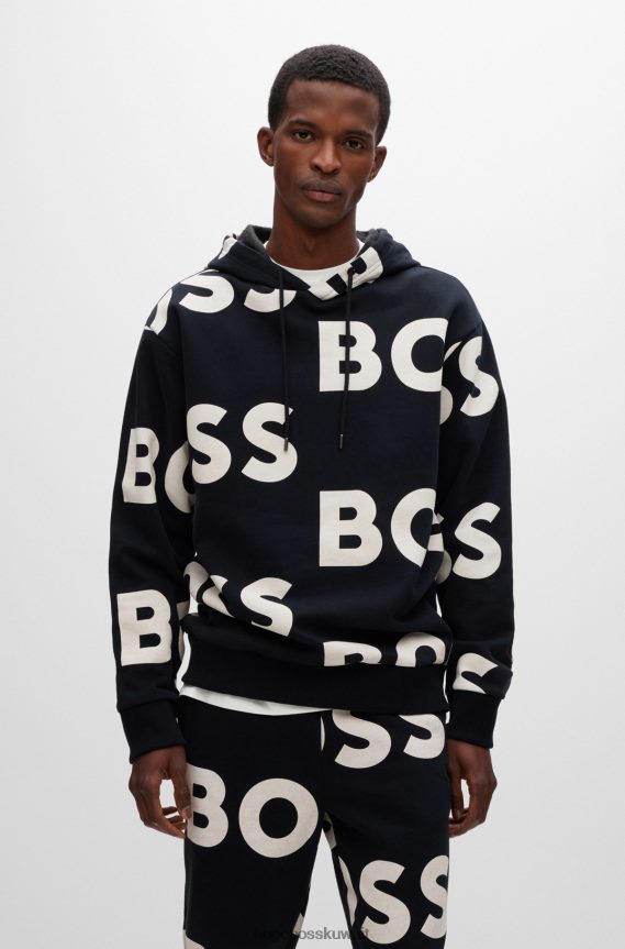 4TFNJN2851 أسود Hugo Boss هوغو هوديي من مزيج القطن بقصة عادية مع طباعة الشعار باللون الأسود