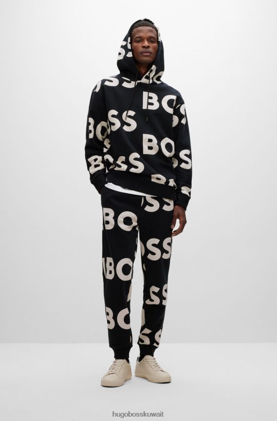 4TFNJN2851 أسود Hugo Boss هوغو هوديي من مزيج القطن بقصة عادية مع طباعة الشعار باللون الأسود